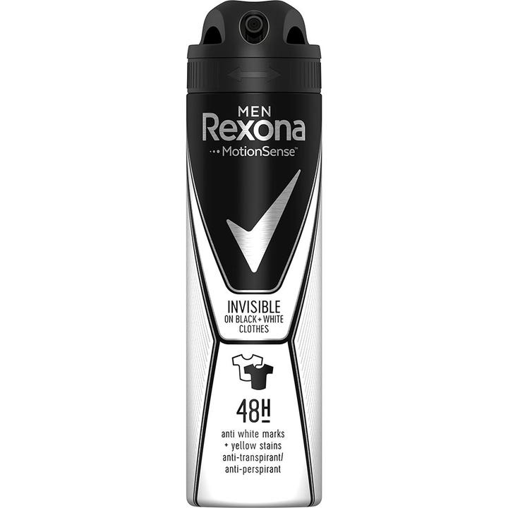 Rexona Men Invisible Black & White 150 ml antiperspirantti ehkäisee tahroja mustavalkoisessa spraypullossa