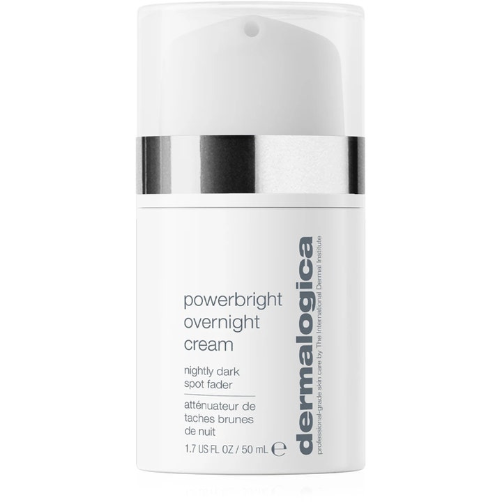 Dermalogica PowerBright Overnight Cream 50 ml kirkastava yövoide valkoisessa pumppupullossa hopeisella reunuksella.
