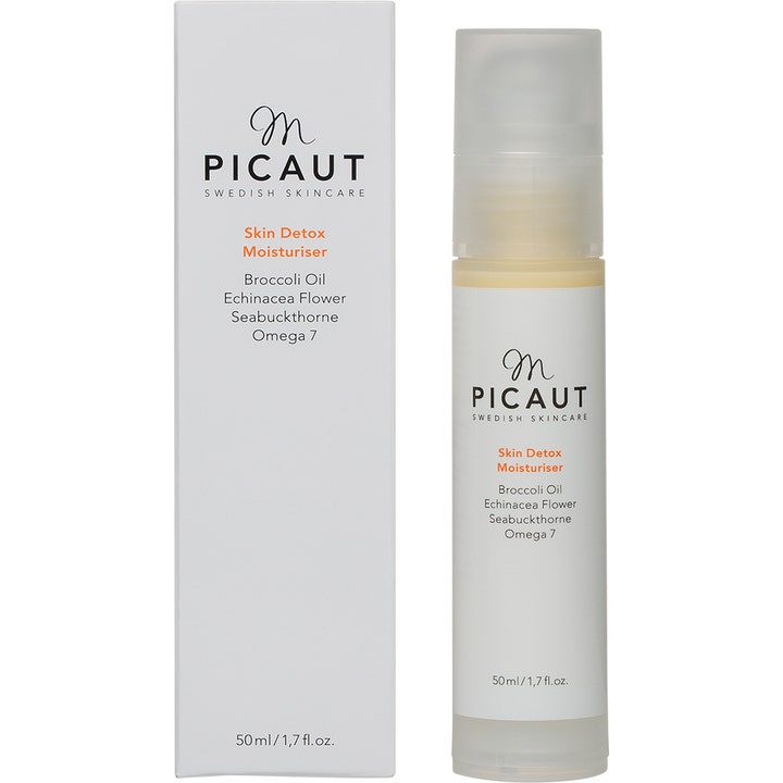 M Picaut Swedish Skincare Skin Detox Moisturiser 50 ml kosteuttava päivävoide valkoisessa pumppupullossa ja pakkauksessa