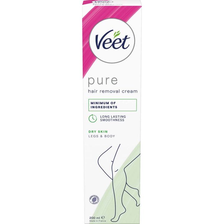 Veet Pure Hair Removal Cream 200 ml karvanpoistovoide tuo sileyttä kuivalle iholle valkoisessa pakkauksessa.