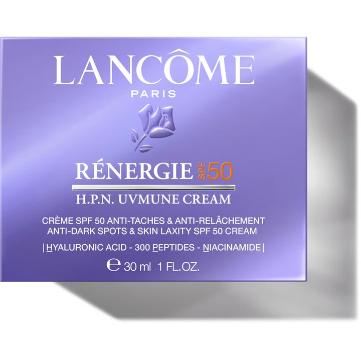 Lancôme Rénergie H.P.N. UVMUNE Cream SPF50 75 ml kiinteyttävä päivävoide tyylikkäässä liilassa pahvipakkauksessa.
