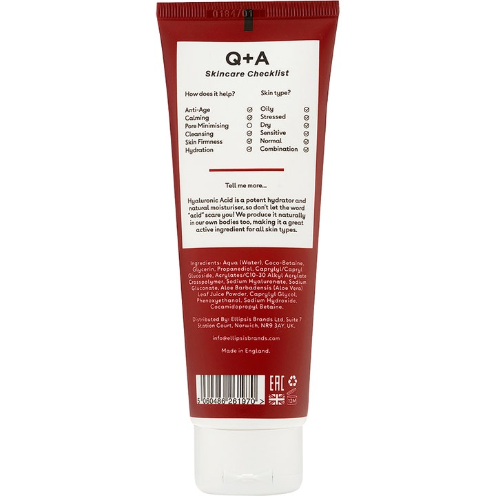 Q+A Hyaluronic Acid Gel Cleanser 125 ml kosteuttava puhdistusgeeli punaisen tuubin kääntöpuoli ainesosineen.