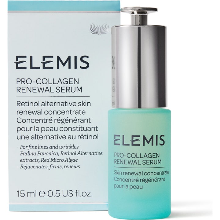Elemis Pro-Collagen Renewal Serum 15 ml silottava seerumi huurteisessa turkoosissa lasipullossa ja valkoisessa pakkauksessa