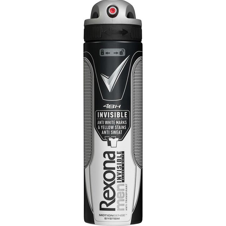 Rexona Men Invisible Black + White 48h antiperspirantti-suihke ehkäisee tahroja mustavalkoisessa pullossa harmaalla korkilla.
