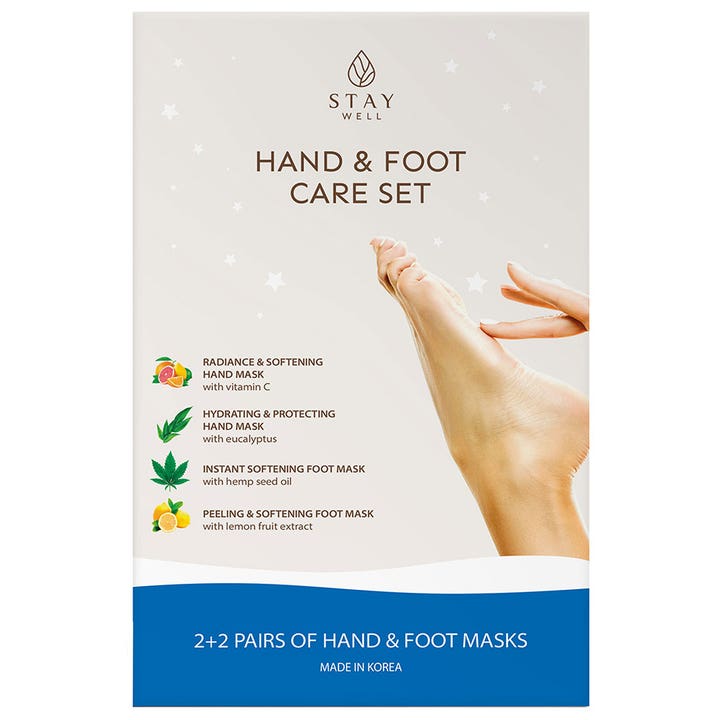 Stay Well Hand & Foot Care Set 2+2 paria pehmentävä käsi- ja jalkanaamiosetti valkoisessa pakkauksessa.