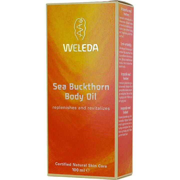 Weleda Sea Buckthorn Body Oil 100 ml elvyttävä tyrni-vartaloöljy oranssinkeltaisessa pakkauksessa