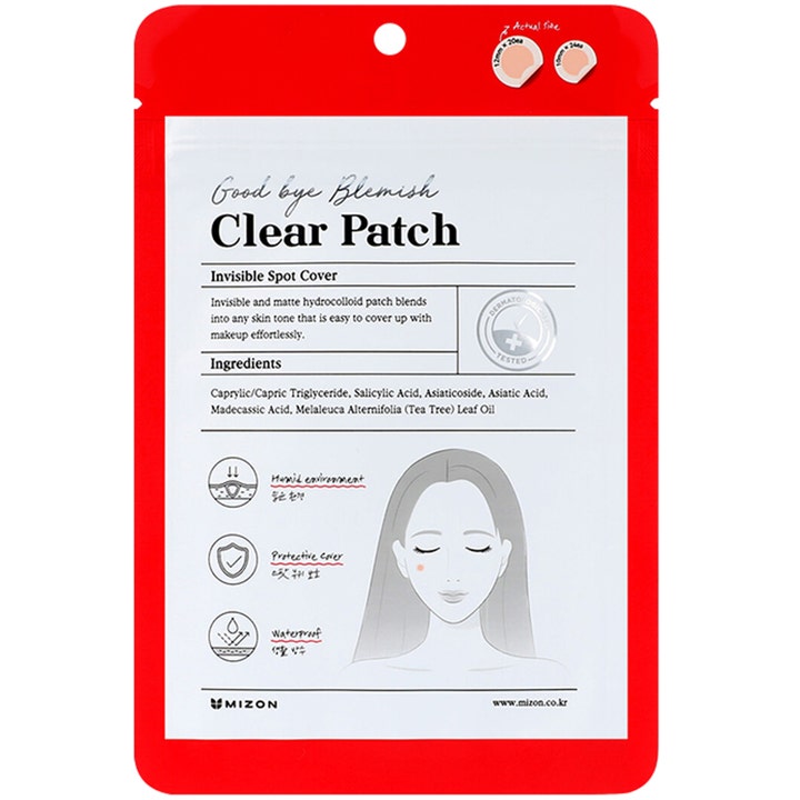 Mizon Good Bye Blemish Clear Patch 44 kpl huomaamaton finnilaastari punaisessa pakkauksessa jossa naisen kasvot.