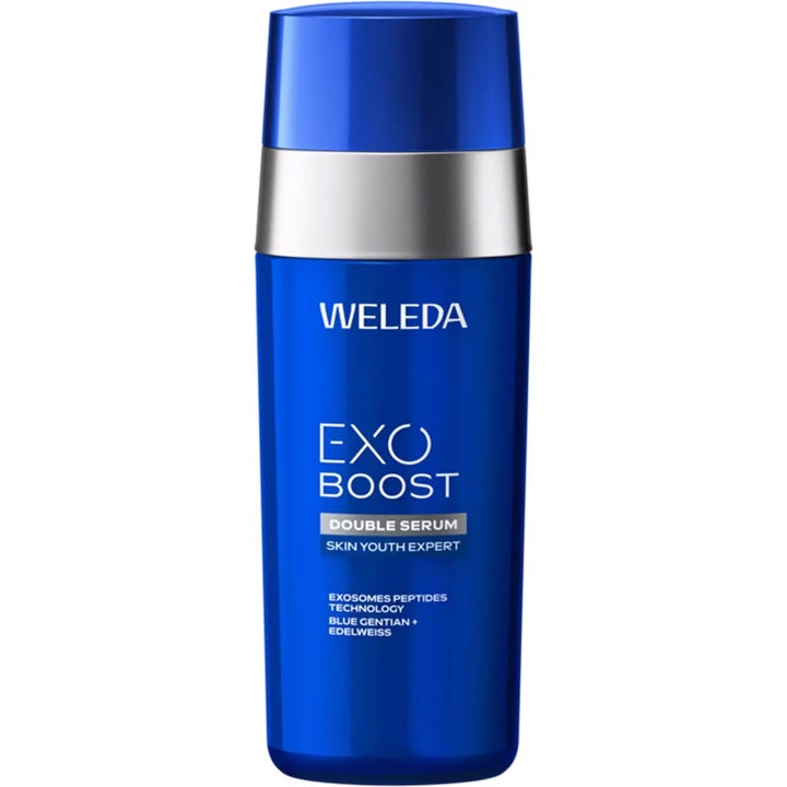 Weleda Exo Boost Double Serum 30 ml kiinteyttävä kasvoseerumi tyylikkäässä sinisessä pullossa hopeisella raidalla