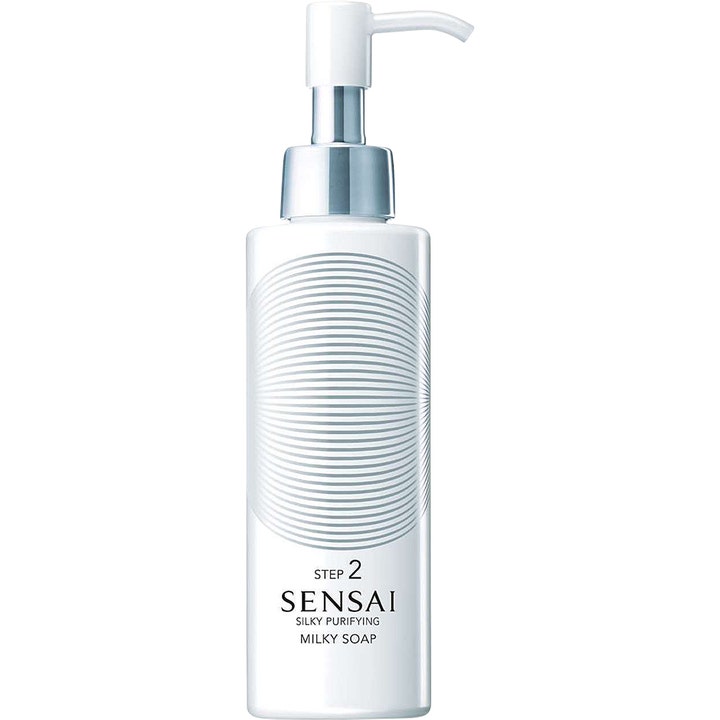Sensai Silky Purifying Milky Soap 150ml puhdistava saippua valkoisessa pullossa jossa on hopeinen pumppu
