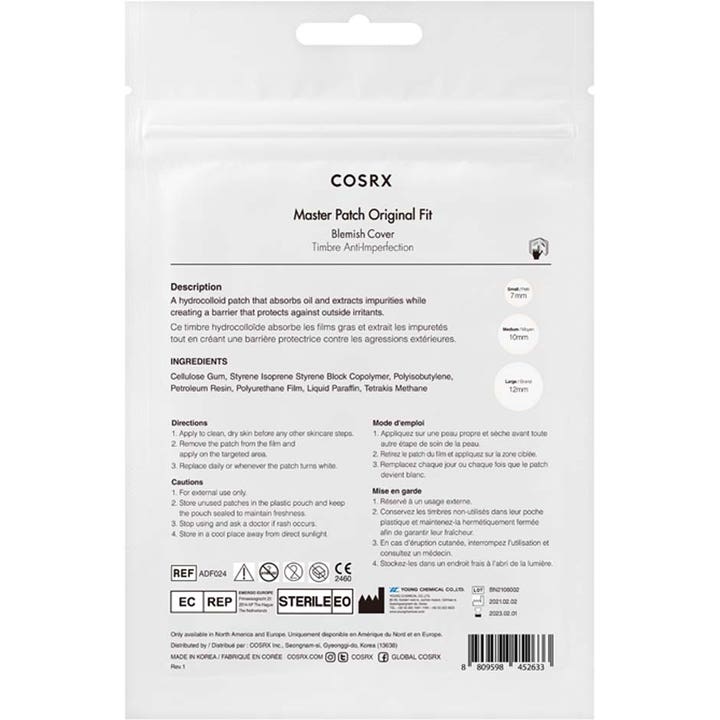 COSRX Master Patch Original Fit 24 kpl epäpuhtauksia hoitava pakkaus takaa jossa näkyy kolme eri laastarikokoa