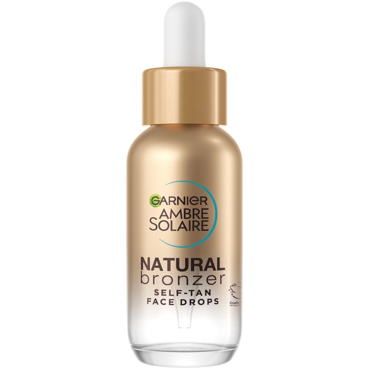 Garnier Ambre Solaire Natural Bronzer 30 ml heleyttävä itseruskettava kultaisessa liukuvärjätyssä pipettipullossa.