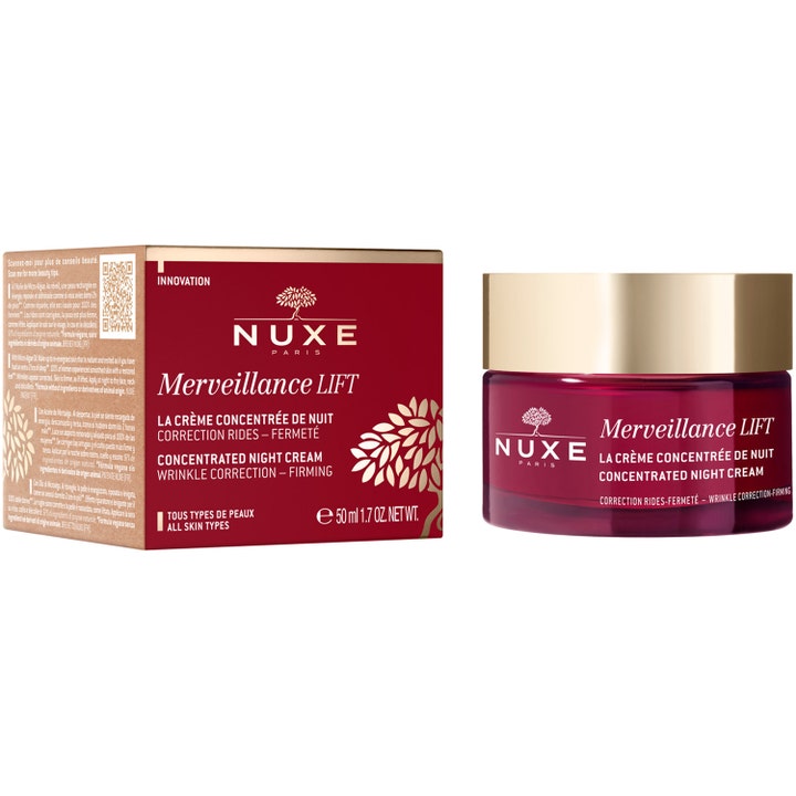 Nuxe Merveillance LIFT 50 ml kiinteyttävä yövoide silottaa ryppyjä punaisessa lasipurkissa kultaisella korkilla.