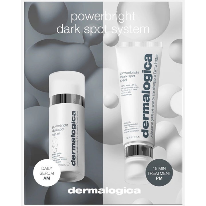 Dermalogica PowerBright Dark Spot System 30ml ja 50ml pigmenttiläiskiä häivyttävä setti valkoisessa pullossa ja tuubissa.