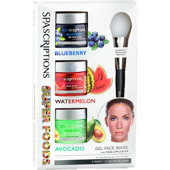 Spascriptions Super Foods Gel Face Mask 3 x 50 ml virkistävä kasvonaamiopakkaus kolmella värikkäällä purkilla ja levittimellä