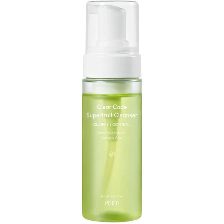 Purito Clear Code Superfruit Cleanser 150 ml syväpuhdistava kasvojenpuhdistusaine vihreässä läpinäkyvässä pumppupullossa