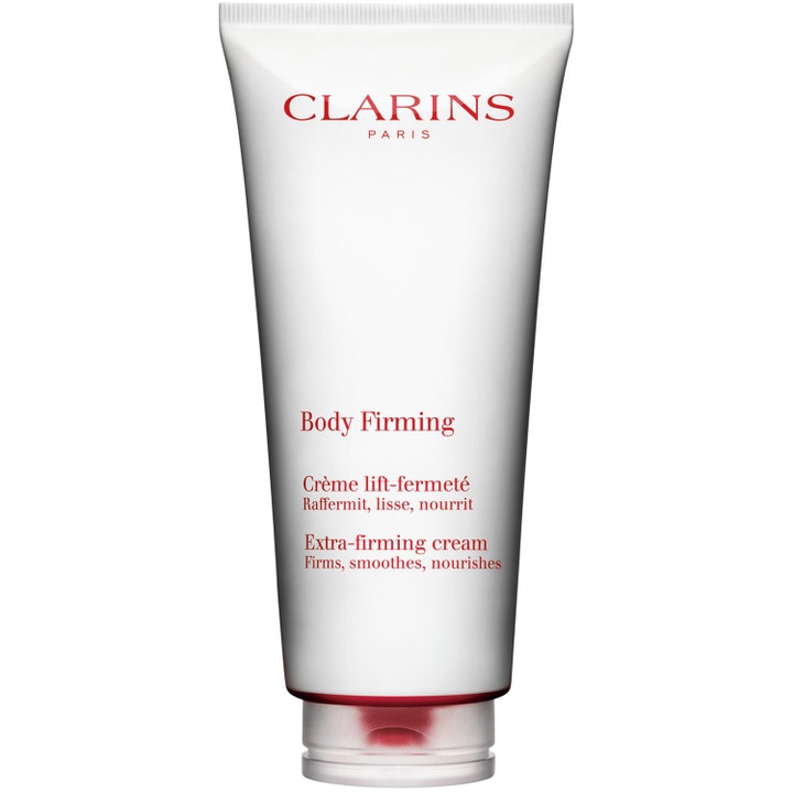 Clarins Body Firming Extra-firming cream kiinteyttävä vartalovoide valkoisessa puristustuubissa punaisella tekstillä.