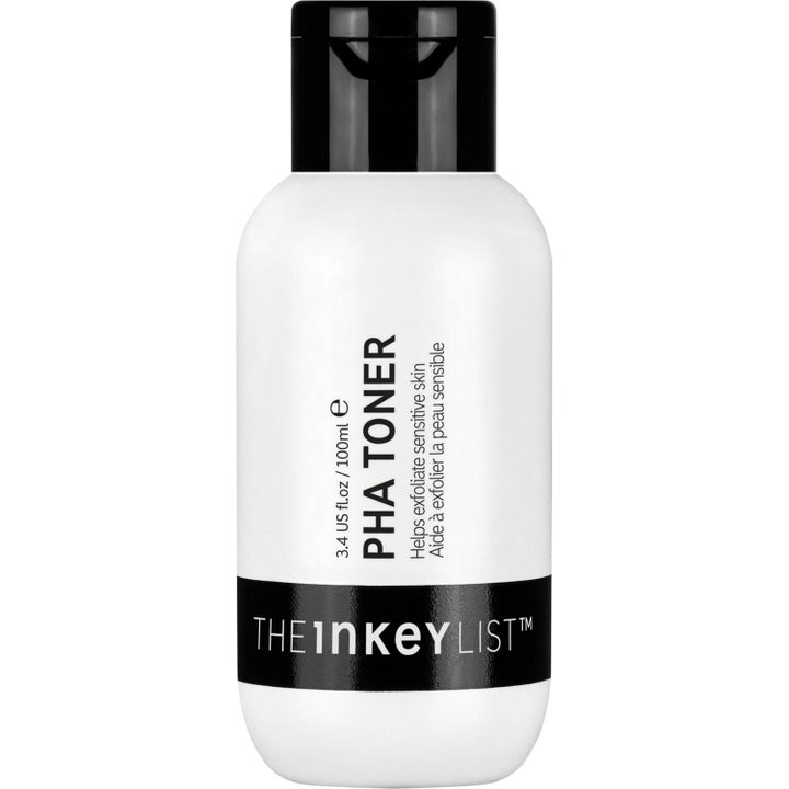 The Inkey List PHA Toner 100 ml kuoriva kasvovesi herkälle iholle valkoisessa muovipullossa mustalla korkilla