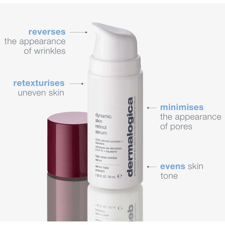 Dermalogica Dynamic Skin Retinol Serum 30 ml tasoittaa ihoa ja häivyttää ryppyjä. Valkoinen pumppupullo ja punainen korkki.
