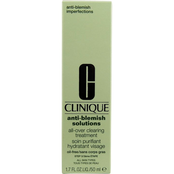 Clinique Anti-Blemish Solutions 50 ml aknehoito taltuttaa epäpuhtaudet vaaleanvihreässä pakkauksessa.