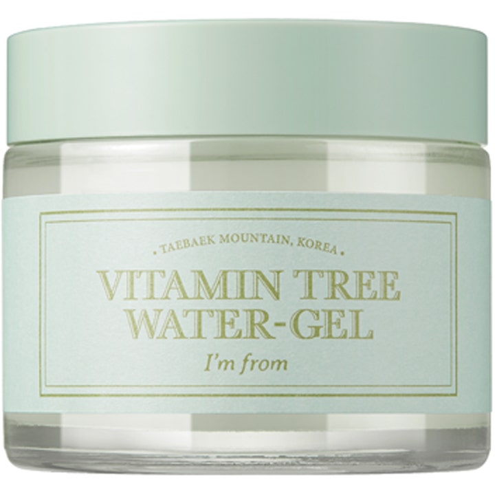 I'm From Vitamin Tree Water-Gel 75g kosteuttava kasvogeeli kirkkaassa lasipurkissa vaaleanvihreällä korkilla.
