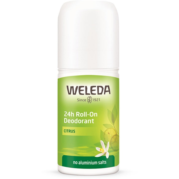 Weleda Citrus 24h Roll-On Deodorant 50 ml raikastava alumiiniton dödö valkoisessa muovipullossa.