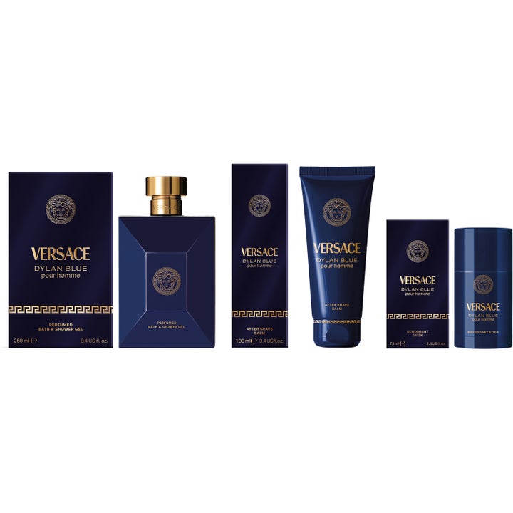 Versace Pour Homme Dylan Blue 250 ml suihkugeeli ja miesten tuotesarja tummansinisissä kultalogopakkauksissa.