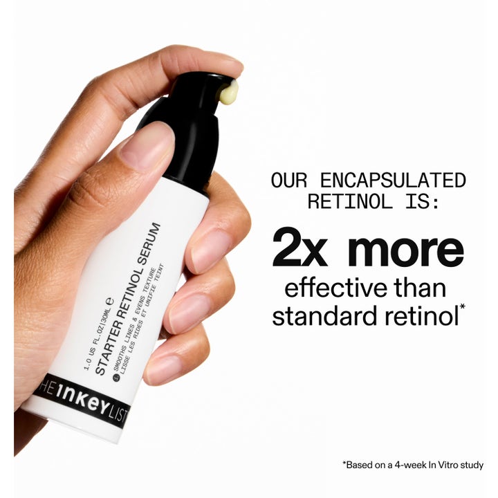 The INKEY List Starter Retinol Serum 30 ml tasoittava seerumi valkoisessa pumppupullossa pisara keltaista voidetta.