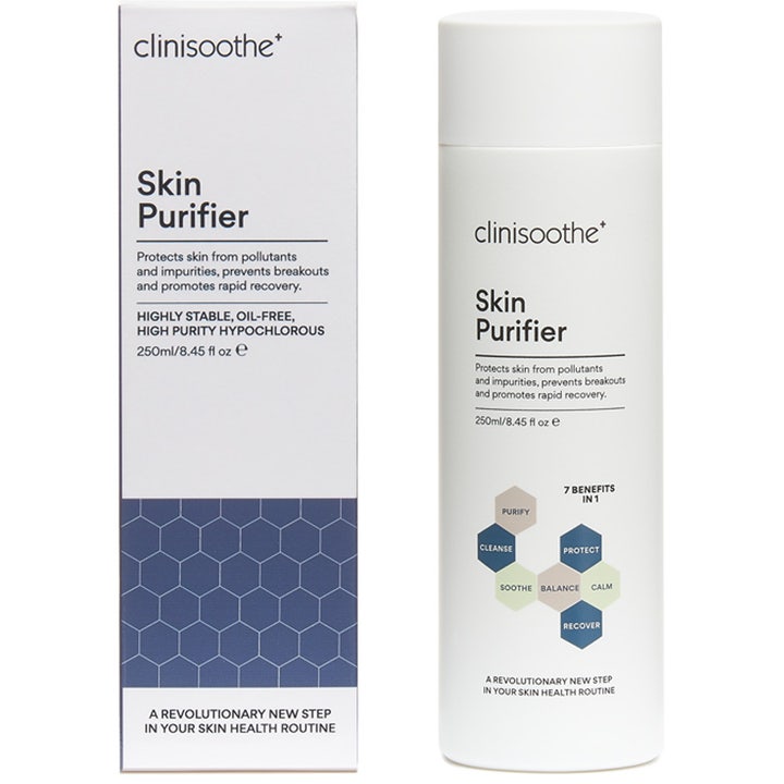 Clinisoothe Skin Purifier 250 ml puhdistava kasvovesi valkoisessa pullossa ja sinisellä kennokuvioisessa pakkauksessa