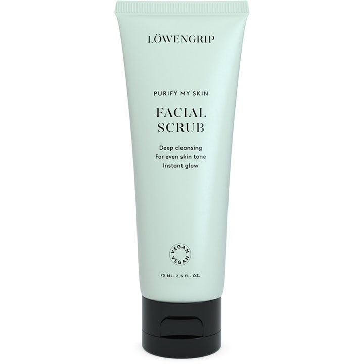 Löwengrip Purify My Skin Facial Scrub 75 ml syväpuhdistava kasvokuorinta hehkua antavassa vaaleanvihreässä tuubissa mustalla korkilla.