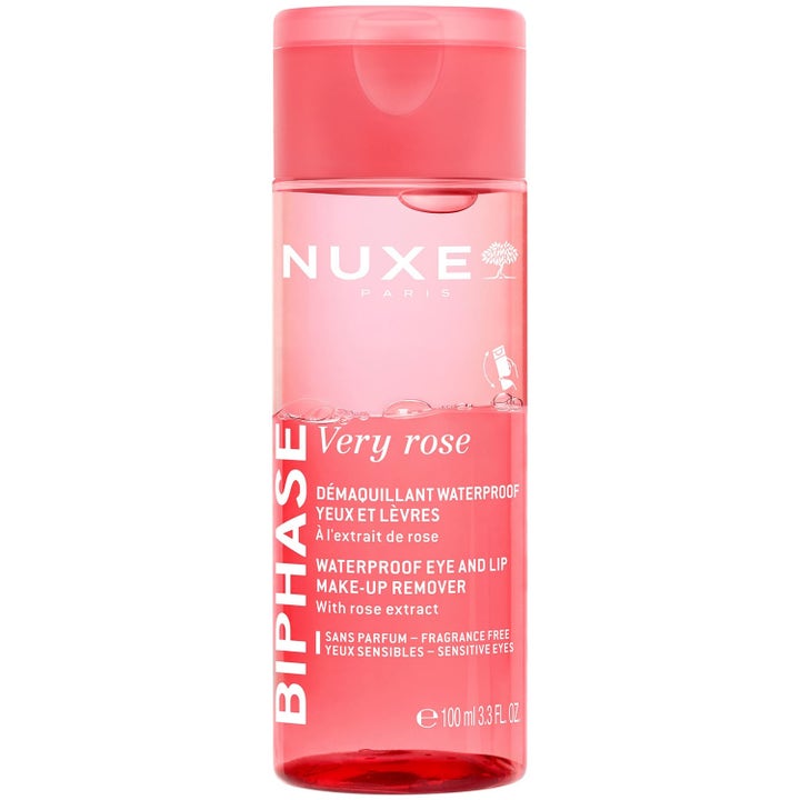 Nuxe Very Rose 100 ml kaksivaiheinen meikinpoistoaine poistaa vedenkestävän meikin vaaleanpunaisesta muovipullosta