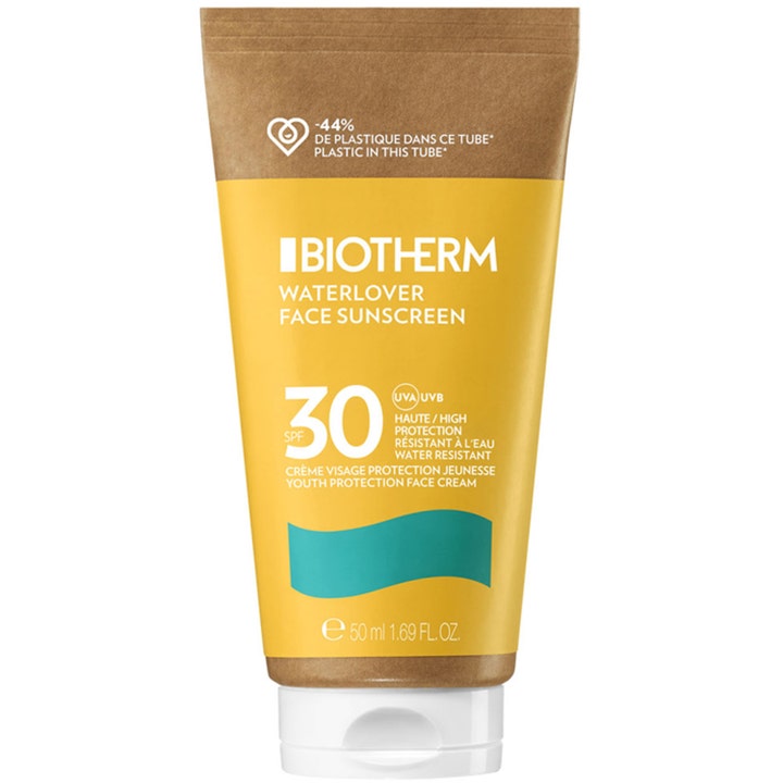 Biotherm Waterlover Face Sunscreen 50 ml suojaava aurinkovoide kasvoille keltaisessa tuubissa jossa on valkoinen korkki.