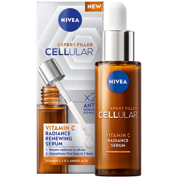 Nivea Cellular Expert Filler Vitamin C Radiance Renewing Serum heleyttävä seerumi ruskeassa lasipullossa pipetillä