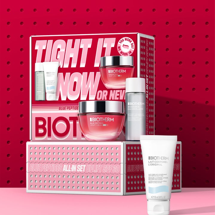 Biotherm Blue Peptides SPF30 Set 50 ml + 30 ml + 50 ml kiinteyttävä lahjasetti pinkissä lasipurkissa ja valkoisessa tuubissa