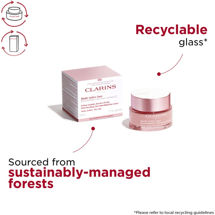 Clarins Multi-Active Jour 50 ml silottava päivävoide kierrätettävässä lasipurkissa ja pakkauksessa.
