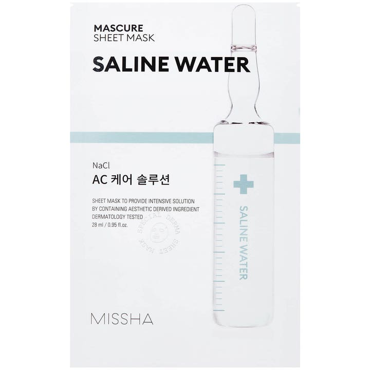 Missha Mascure Sheet Mask Saline Water 28 ml rauhoittava kangasmaski valkoisessa pakkauksessa ampullikuvituksella