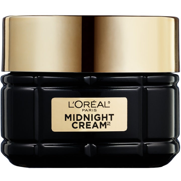 L'Oréal Paris Midnight Cream 50 ml uudistava yövoide mustassa kohokuvioidussa kultakantisessa lasipurkissa.