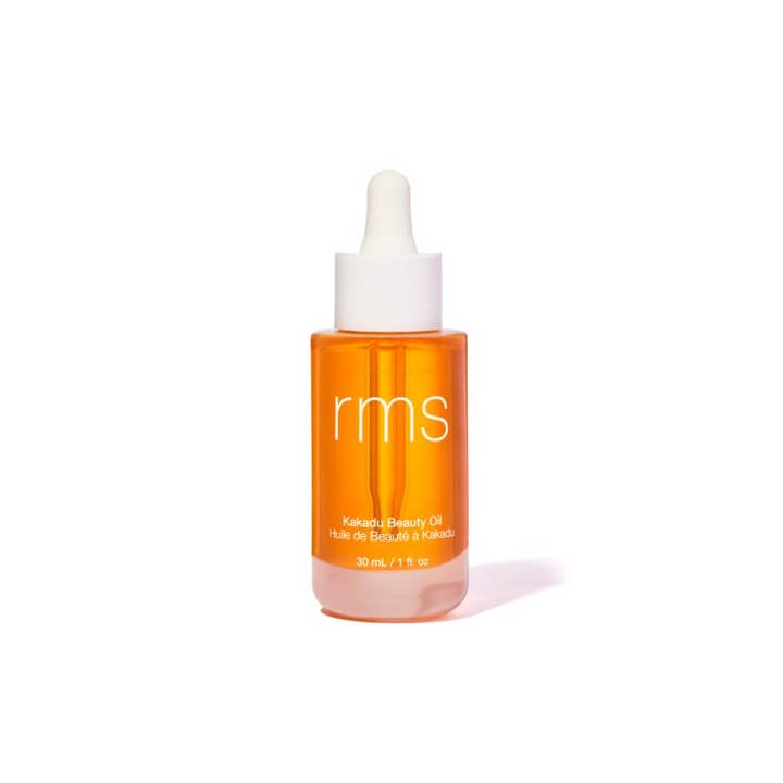 RMS Beauty Kakadu Beauty Oil 30 ml ravitseva ansiktsöljy kirkkaassa lasipullossa, jossa on valkoinen pipetti