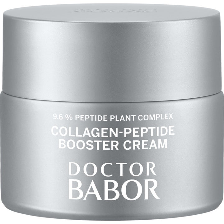 Doctor Babor Collagen-Peptide Booster Cream kiinteyttävä kasvovoide tyylikkäässä hopeanhohtoisessa purkissa.