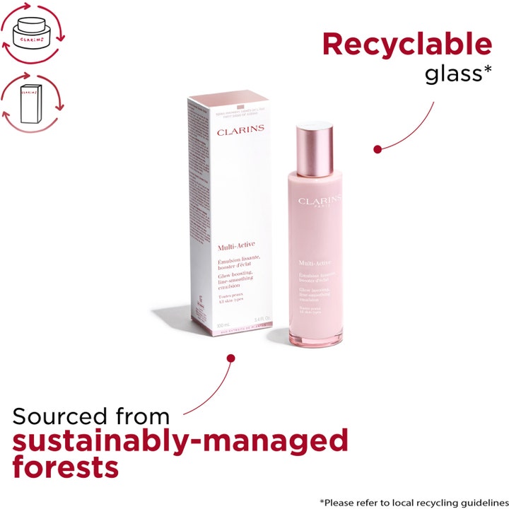 Clarins Multi-Active Glow Boosting Line-Smoothing Emulsion 100 ml silottava kasvovoide kierrätettävässä lasipullossa.