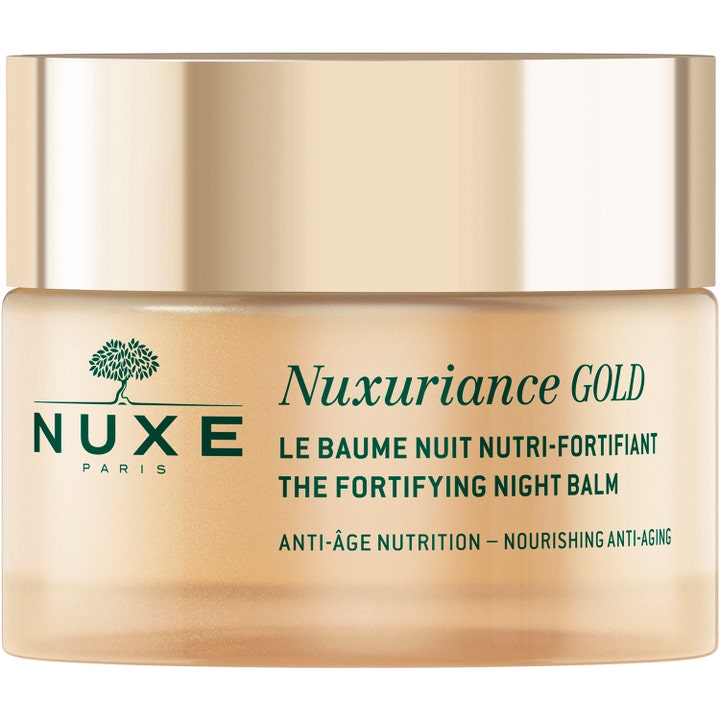 Nuxe Nuxuriance Gold 50 ml ravitseva yövoide kullansävyisessä lasipurkissa jossa on metallinhohtoinen korkki