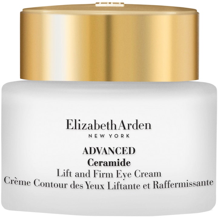 Elizabeth Arden Advanced Ceramide Lift and Firm Eye Cream kiinteyttävä silmänympärysvoide kultakantisessa lasipurkissa.
