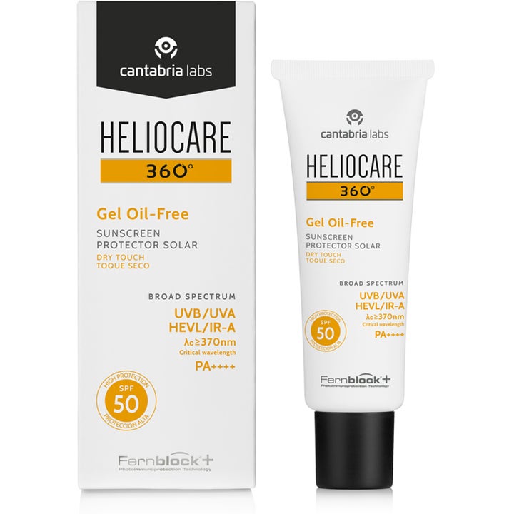 Heliocare 360° Gel Oil-Free SPF 50+ 50 ml suojaava aurinkovoide valkoisessa tuubissa ja pahvipakkauksessa.