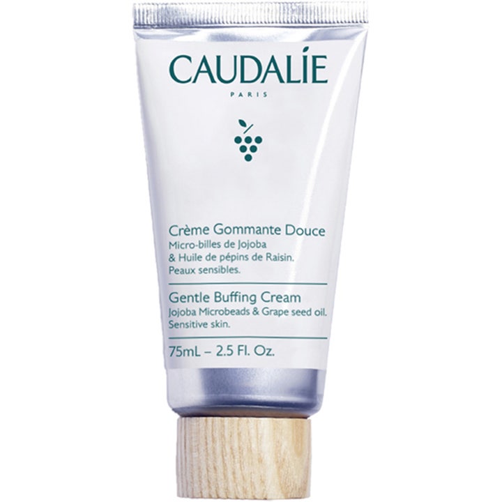 Caudalie Gentle Buffing Cream 75 ml hellävarainen kuorintavoide valkoisessa tuubissa vaalealla puukorkilla