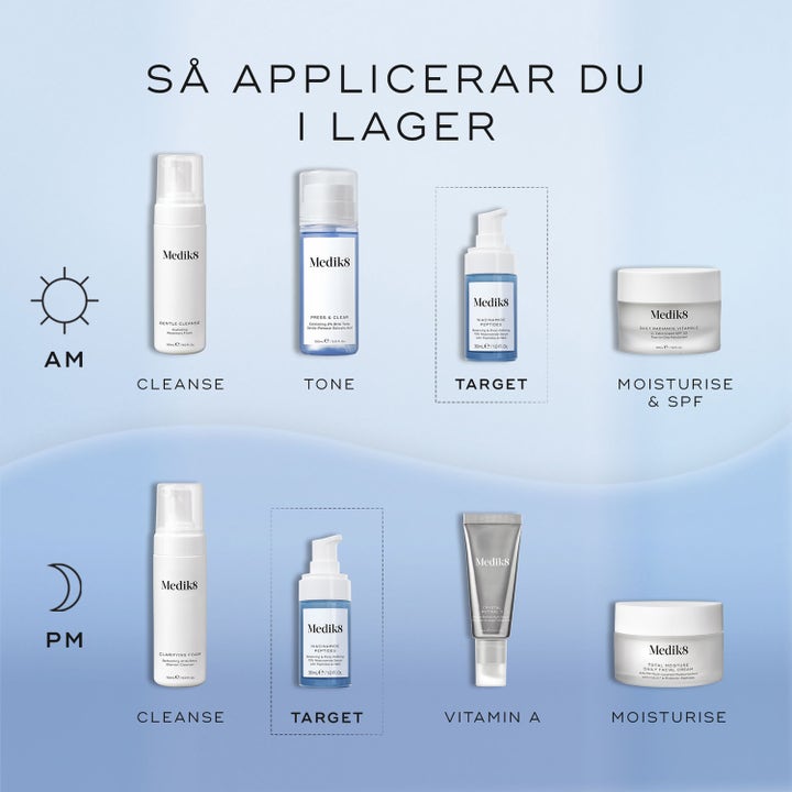 Medik8 Niacinamide Peptides 30 ml kirkastava kasvovesi osana aamu- ja iltarutiinin kerrostamisopasta.