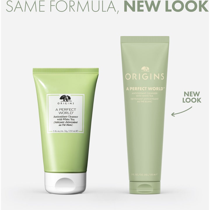 Origins A Perfect World 150 ml puhdistusvaahto esittelee uuden kapean pakkauksen vanhan tuubin rinnalla.