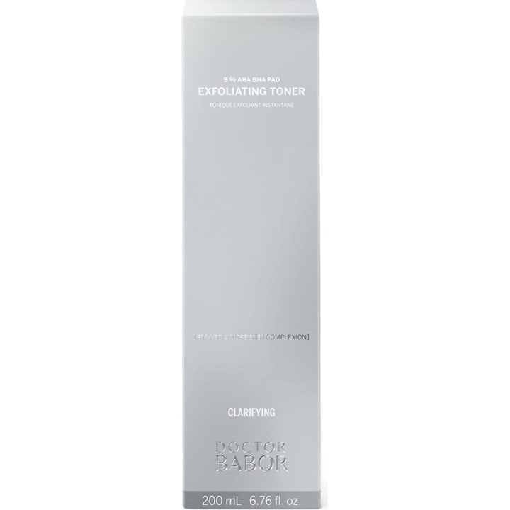 Babor DOC Instant Exfoliating Toner 200 ml kirkastava kasvovesi harmaassa pakkauksessa jossa 9 % AHA BHA teksti