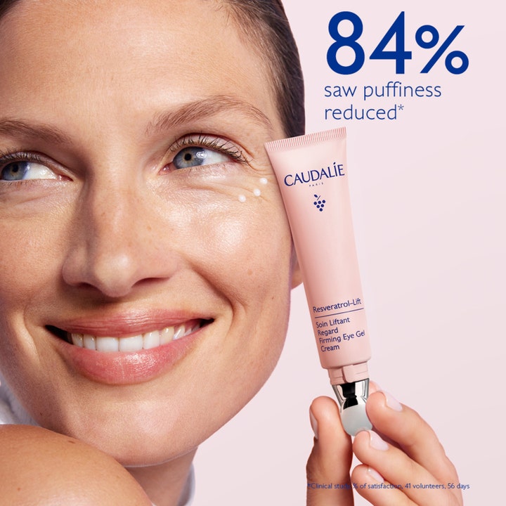 Caudalie Resveratrol-Lift Firming Eye Gel Cream 15 ml kiinteyttävä silmänympärysvoide ja teksti 84% saw puffiness reduced