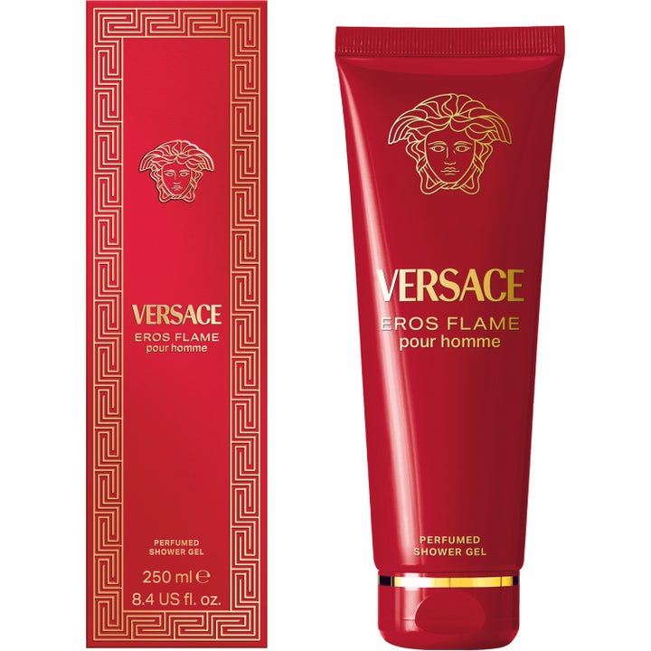 Versace Eros Flame Pour Homme 250 ml suihkugeeli punaisessa tuubissa ja pakkauksessa kultaisella Medusa-logolla.