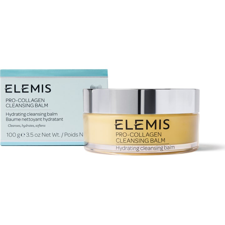 Elemis Pro-Collagen Cleansing Balm 100 g syväpuhdistava puhdistusvoide keltaisessa purkissa hopeisella kannella ja laatikko