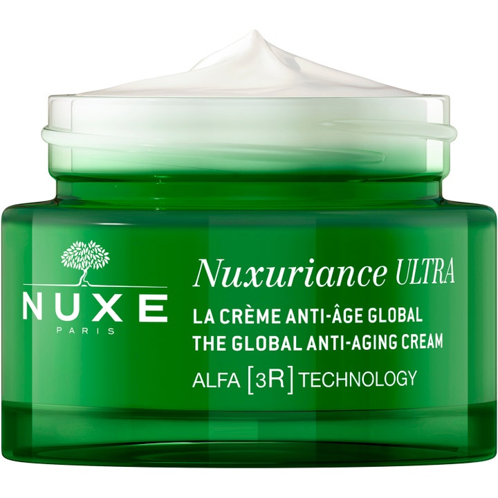 Nuxe Nuxuriance ULTRA 50 ml anti-age kasvovoide vihreässä lasipurkissa, jossa on täyteläinen valkoinen voide.